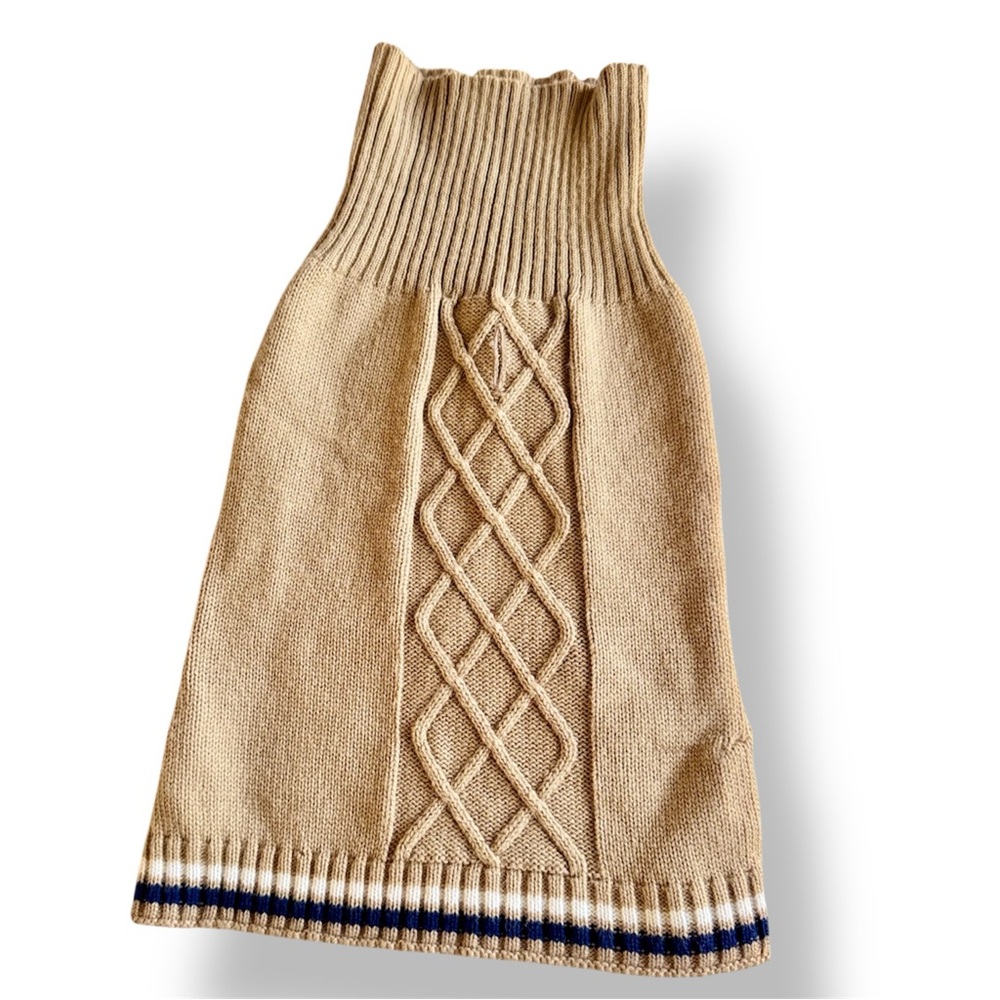 Tan Cable Knit Dog Sweater w Blue & White Stripes & Turtleneck - Picture 2 of 13